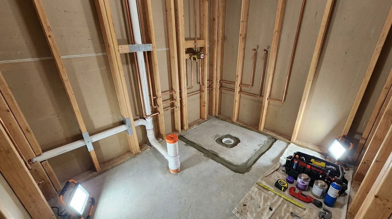 Bathroom rough-in plumbing during remodel by Johns Plumbing LLC in Waupun