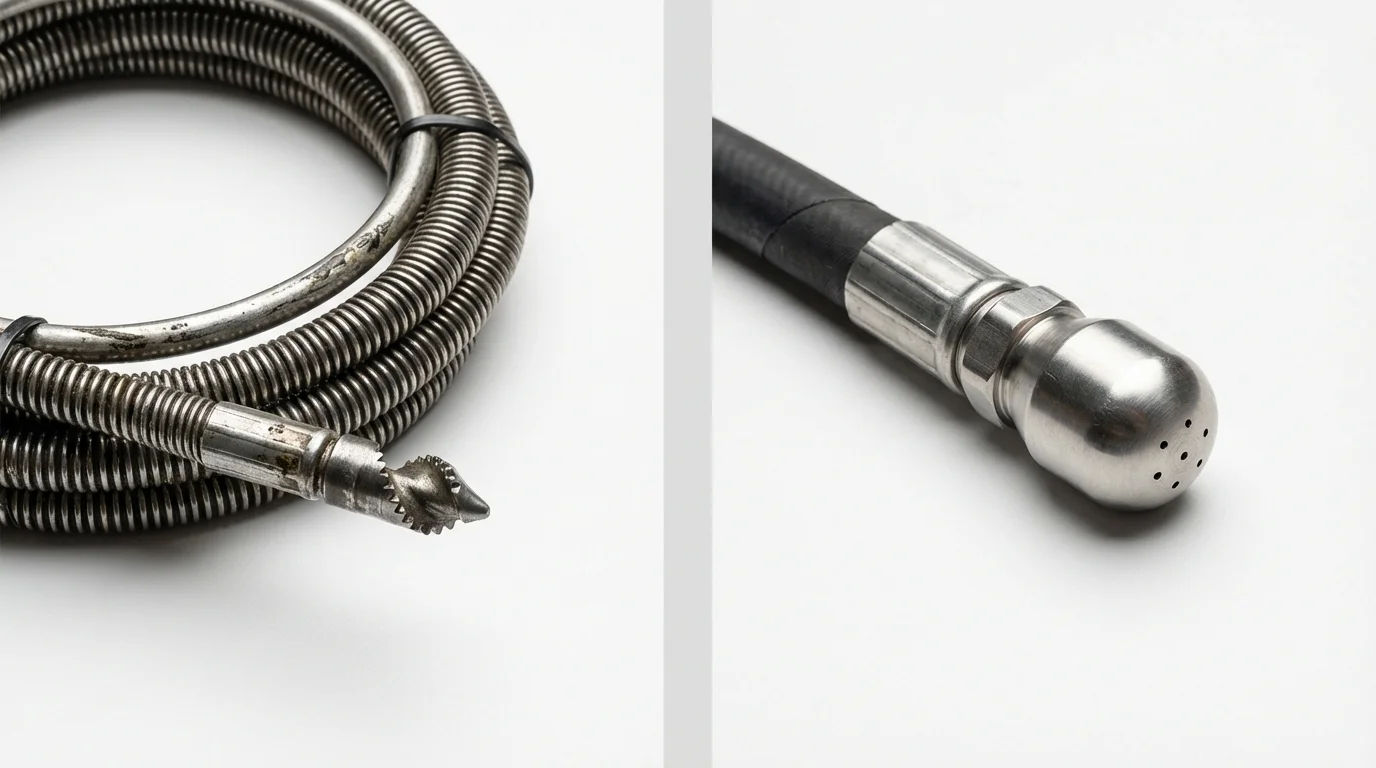 Drain snake cable and hydro jetting nozzle used for drain cleaning in Waupun, WI