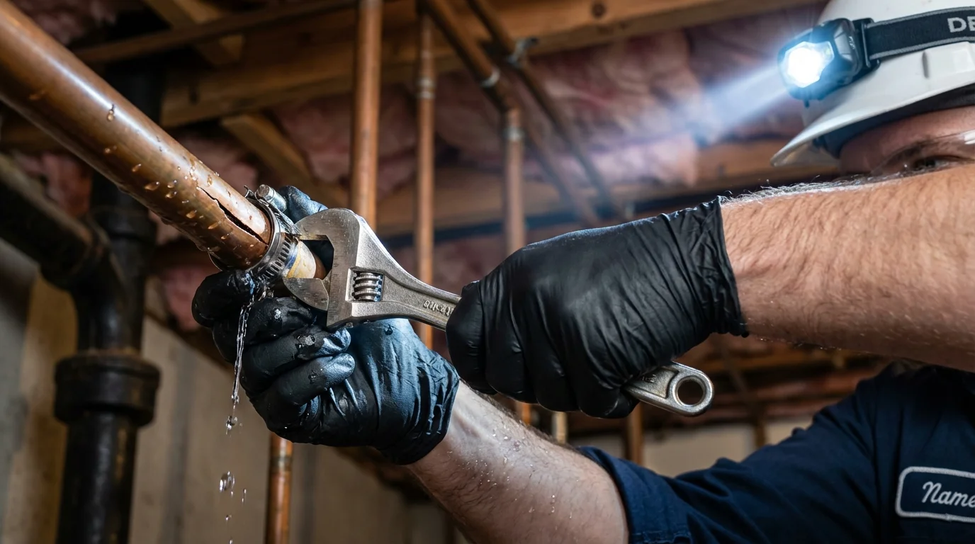 Emergency pipe clamp repair being performed by a Johns Plumbing LLC plumber in Waupun