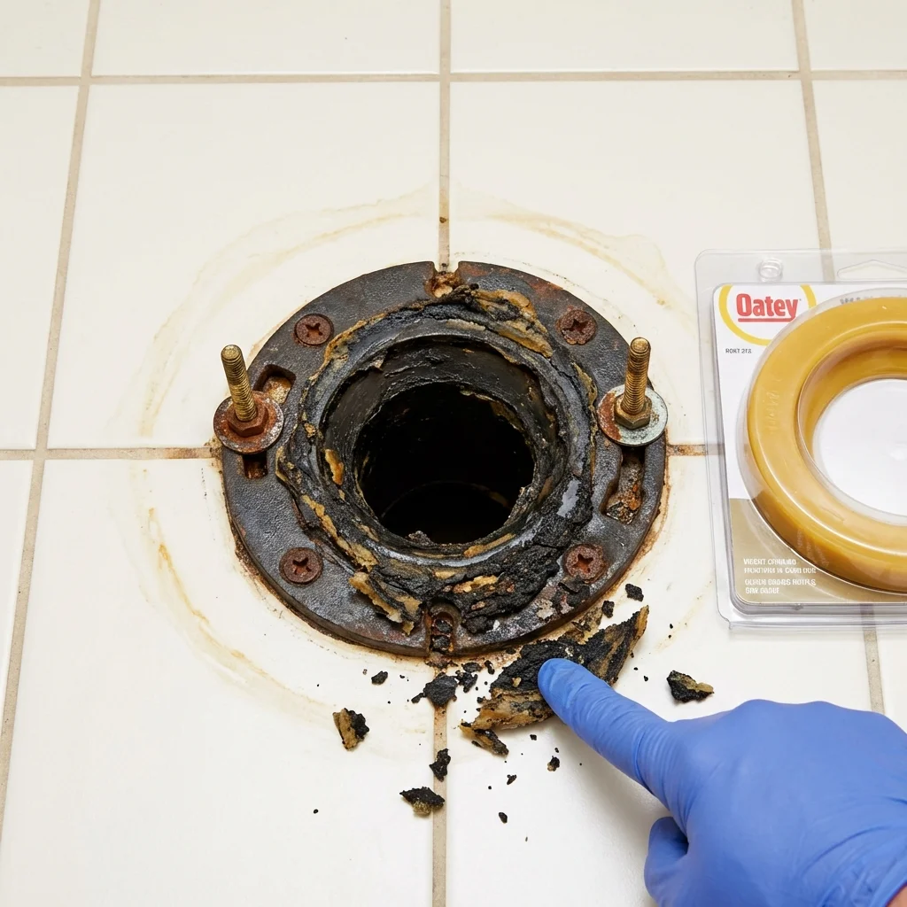 Failed wax ring showing water seepage at the base of a toilet in a Waupun, WI home