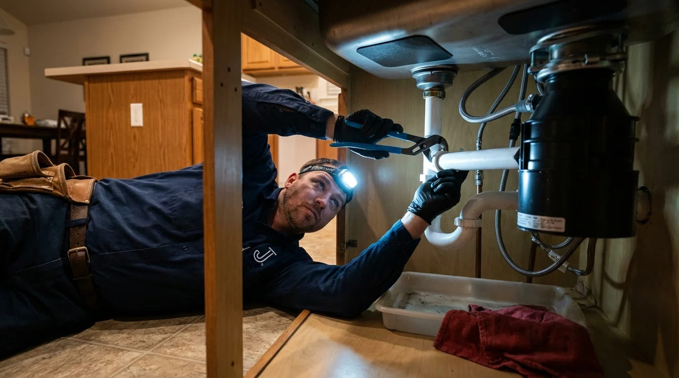 P-trap and supply line connections under a kitchen sink showing a common leak point in Waupun, WI